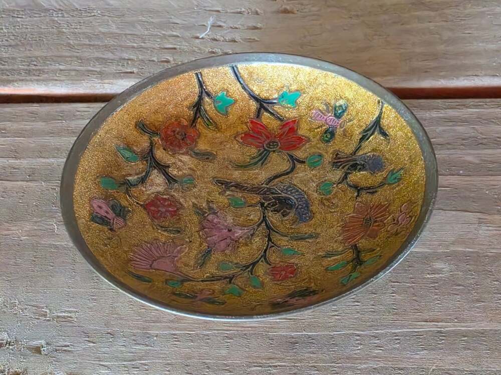 Vintage Hand Painted Brass Trinket Bowl Birds Flowers